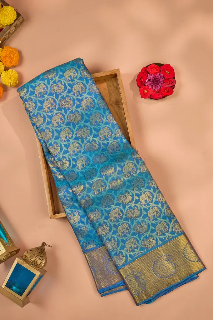 Turquoise Blue Brocade Jaal Pure Kanjivaram Silk Saree