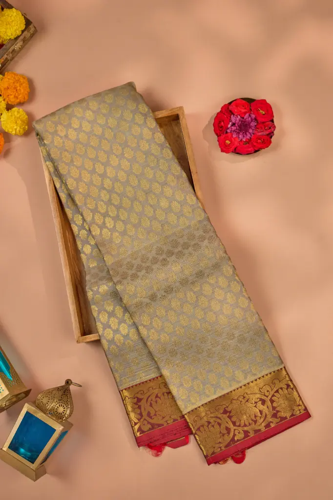 Silver Grey Diamond Butta Pure Kanjivaram Silk Saree with Maroon Border
