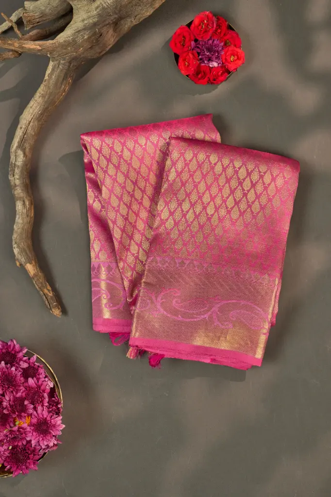Rose Pink Diamond Jaal Pure Kanjivaram Silk Saree