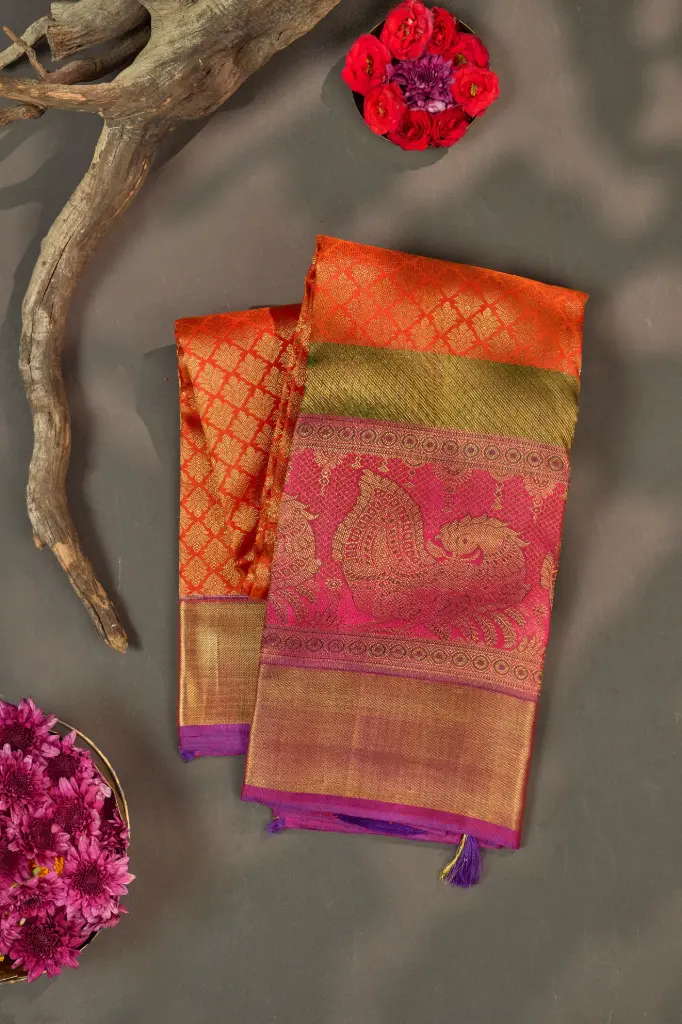 Orange Peacock Pallu Pure Kanjivaram Silk Saree with Magenta Pallu