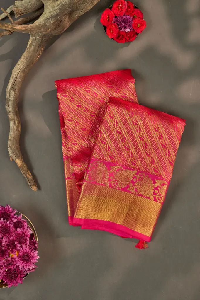 Rani Pink Diagonal Stripe Pure Kanjivaram Silk Saree