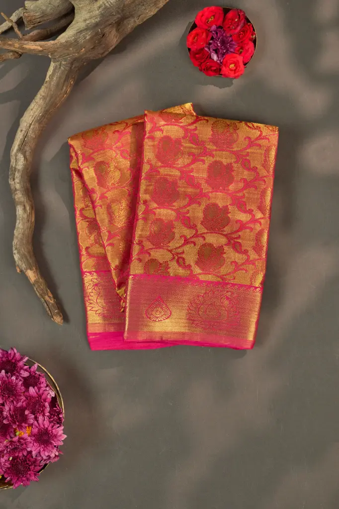 Peach Gold Floral Creeper Pure Kanjivaram Silk Saree with Pink Border
