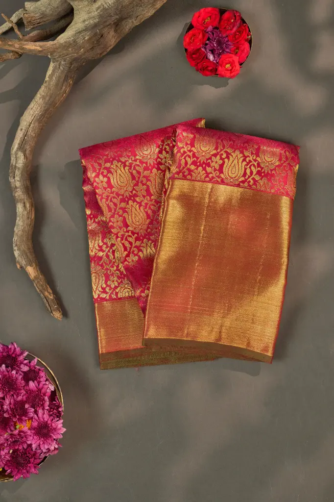 Rani Pink Paisley Brocade Pure Kanjivaram Silk Saree with Gold Pallu