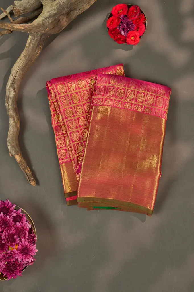 Magenta Pink Kattam Checks Pure Kanjivaram Silk Saree
