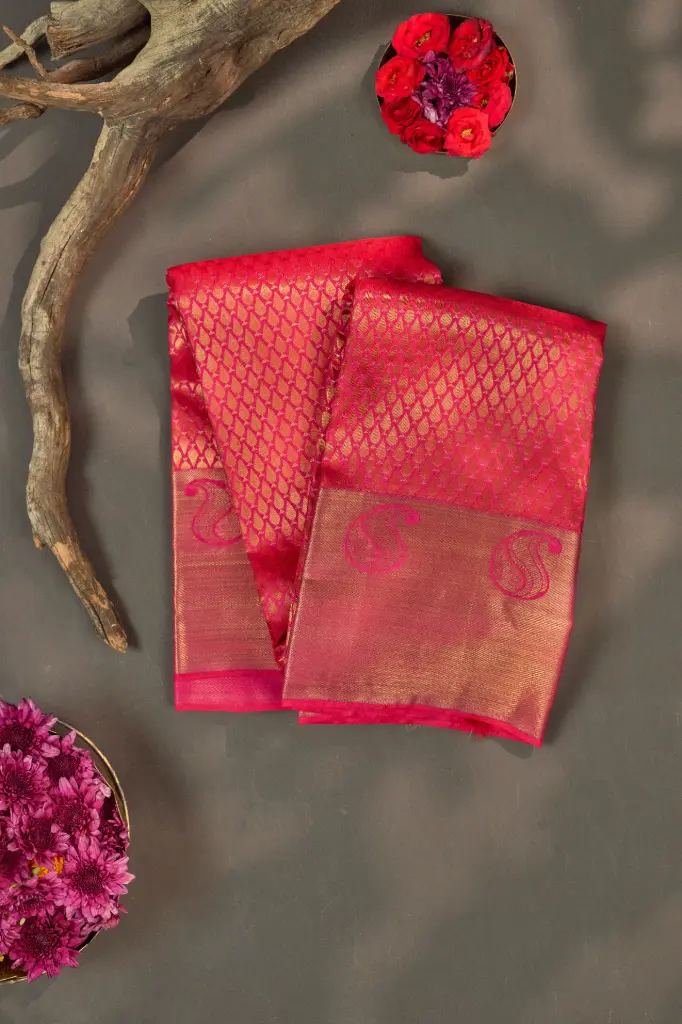 Crimson Pink Diamond Lattice Pure Kanjivaram Silk Saree with Peacock Border