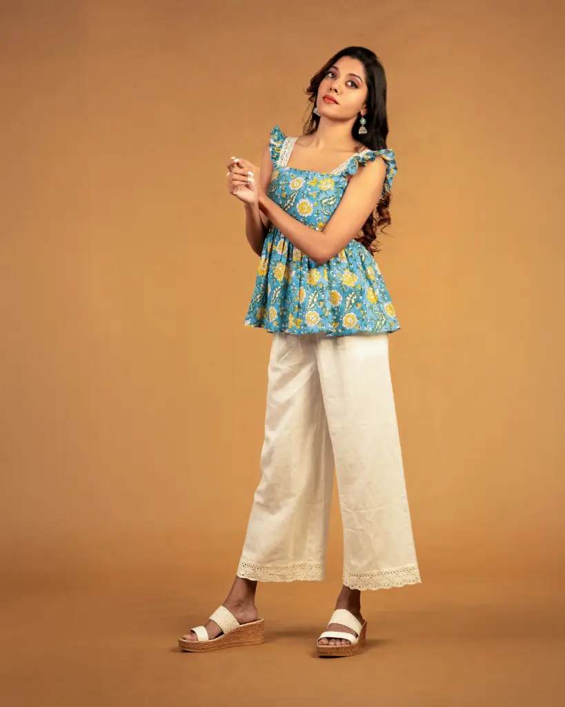 Azure Bloom Hand-Printed Cotton Top