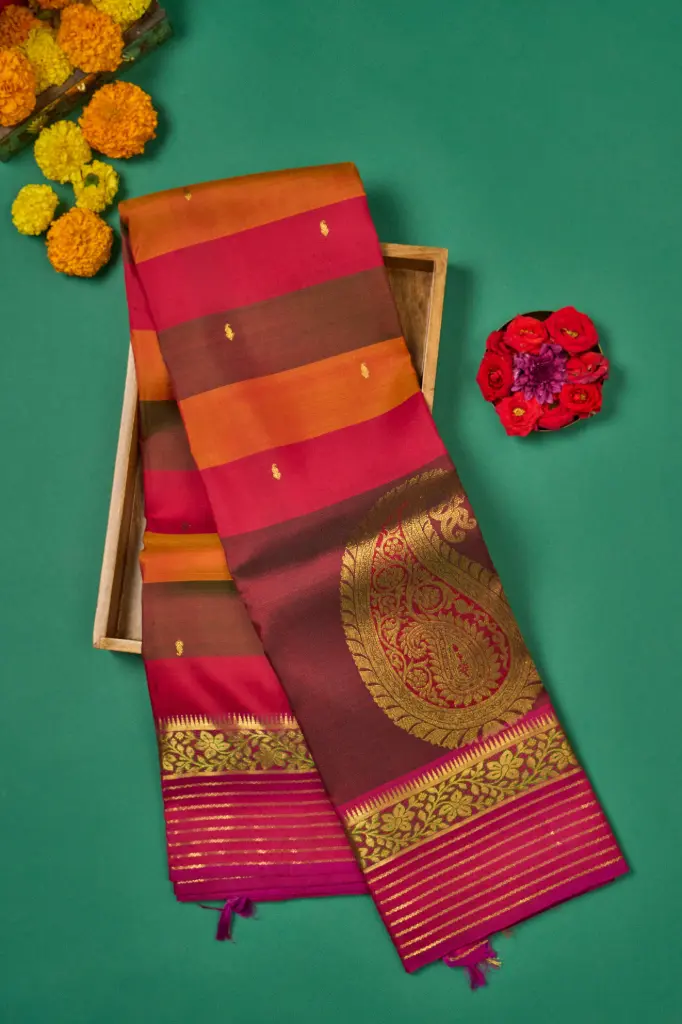 Multicolour Striped Pure Kanjivaram Silk Saree with Mango Pallu