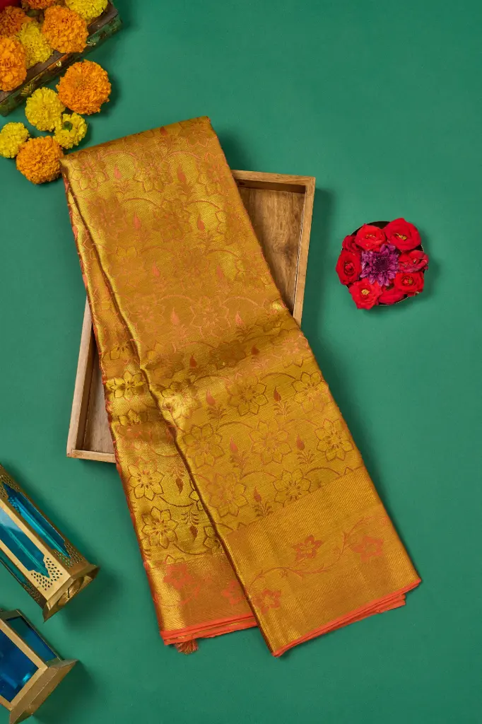 Mustard Gold Floral Stripe Pure Kanjivaram Silk Saree