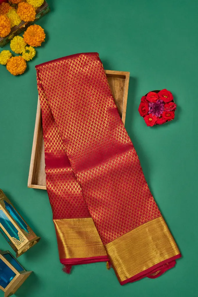 Crimson Red Diamond Weave Pure Kanjivaram Silk Saree
