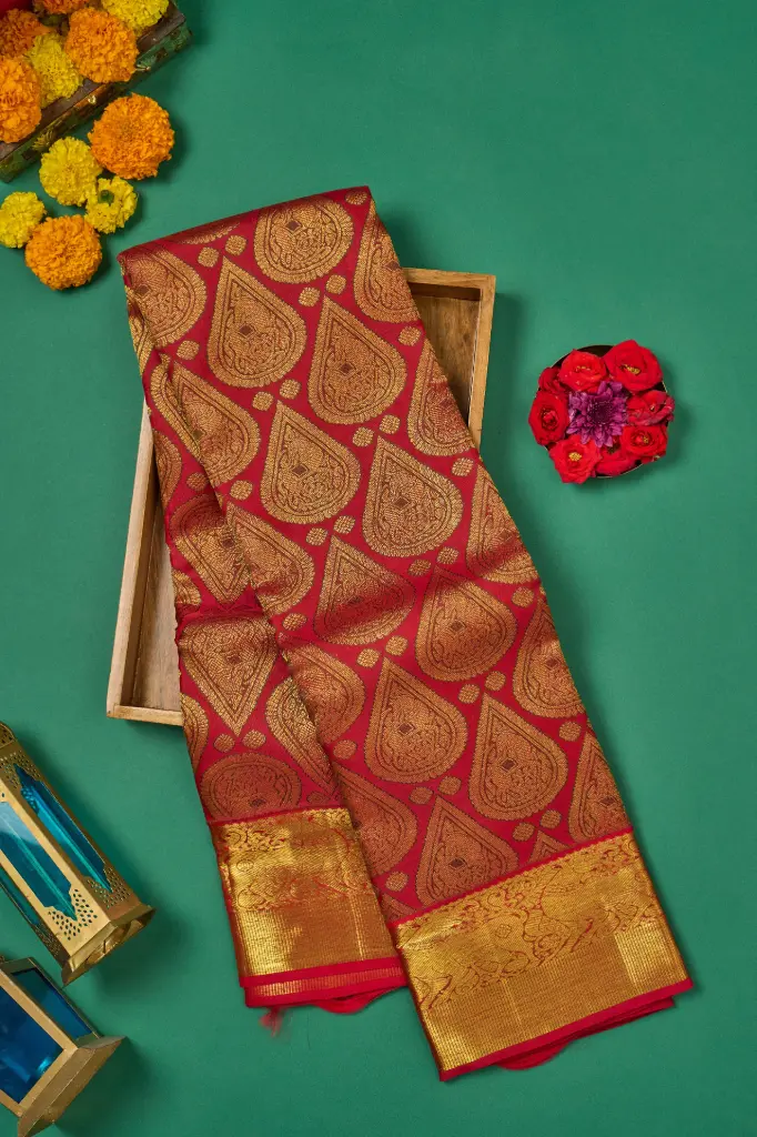 Bridal Red Mango Butta Pure Kanjivaram Silk Saree with Temple Border