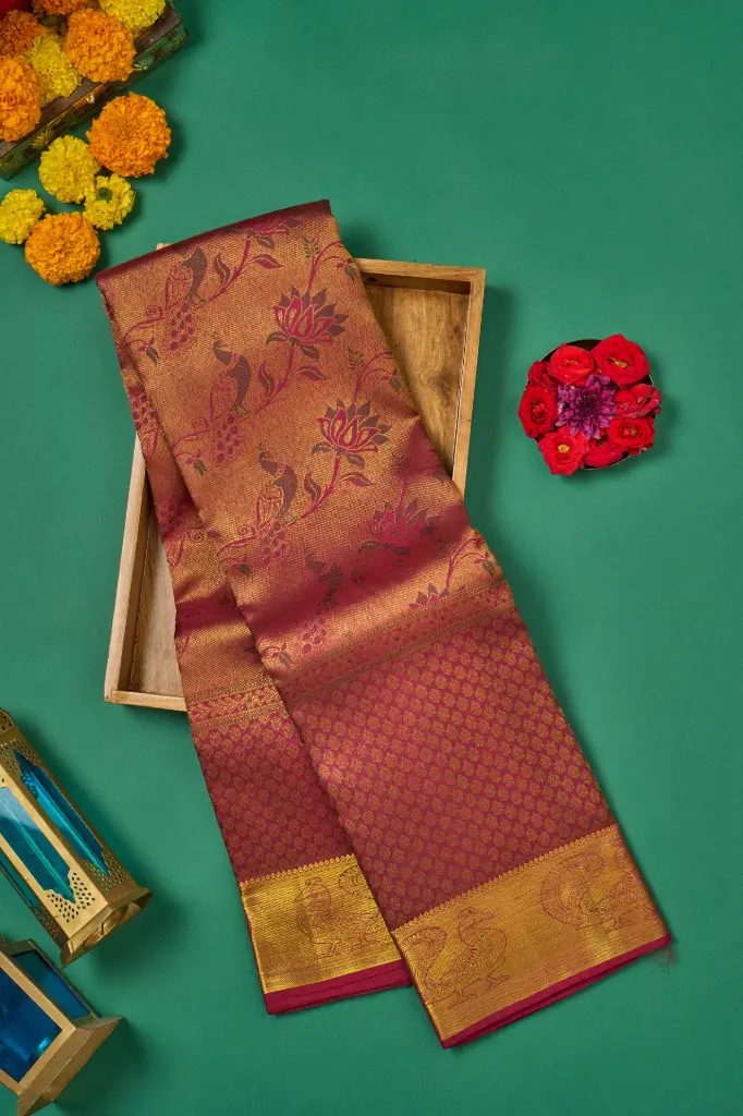 Rosewood Maroon Lotus Jaal Pure Kanjivaram Silk Saree