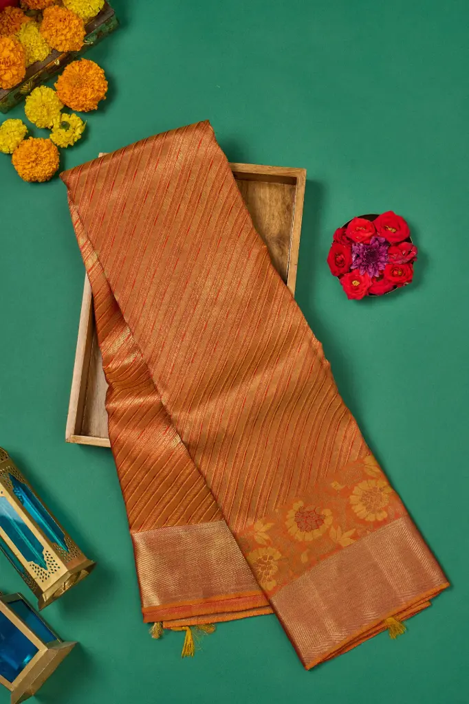Burnt Orange Diagonal Line Pure Kanjivaram Silk Saree