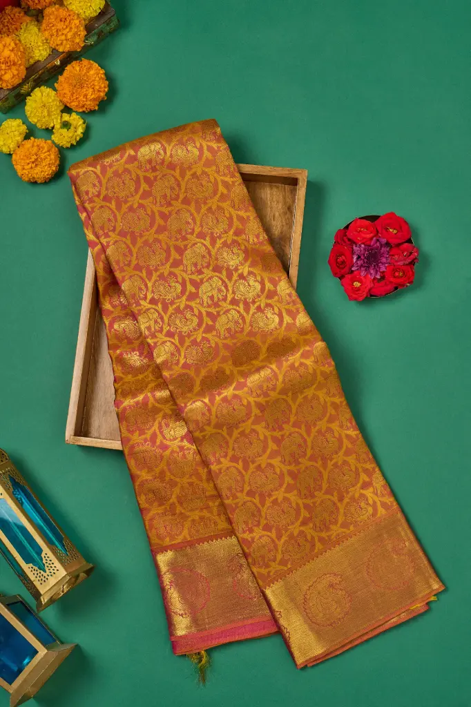 Marigold Gold Floral Creeper Pure Kanjivaram Silk Saree