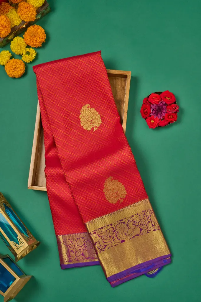 Coral Red Double Butta Pure Kanjivaram Silk Saree with Purple Border