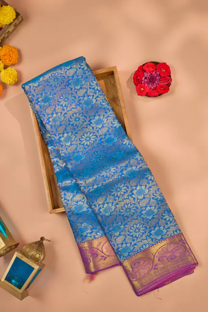Sky Blue Floral Jaal Pure Kanjivaram Silk Saree