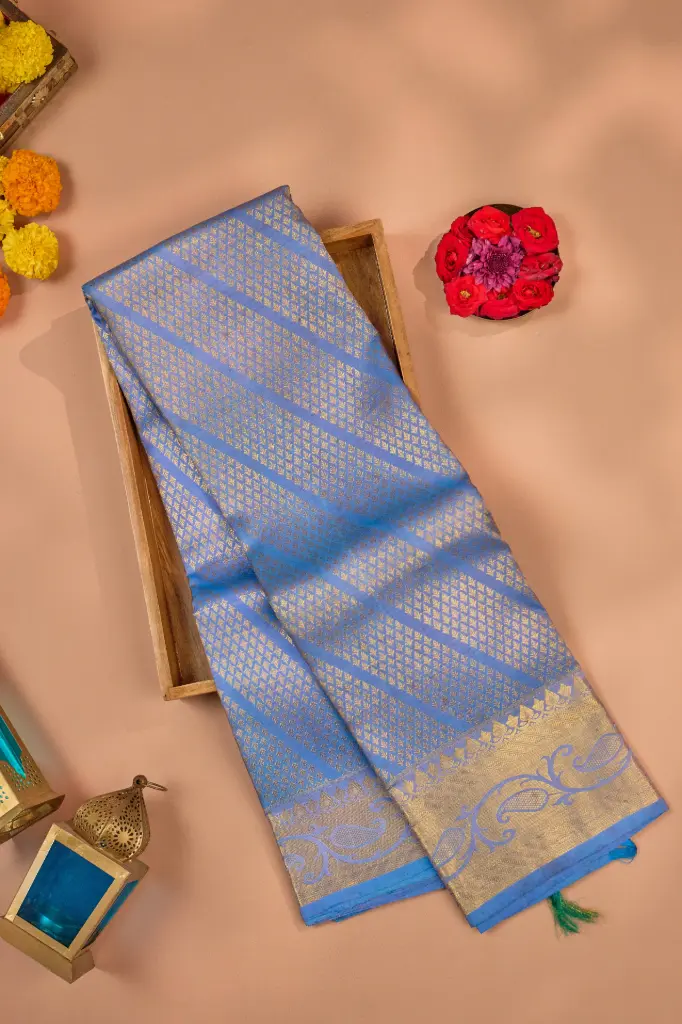 Lavender Blue Diagonal Stripe Pure Kanjivaram Silk Saree