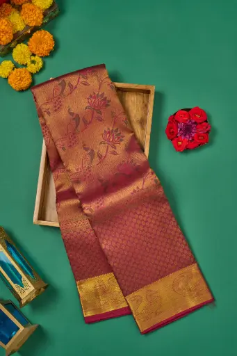 [THOA-MK-011] Rosewood Maroon Lotus Jaal Pure Kanjivaram Silk Saree