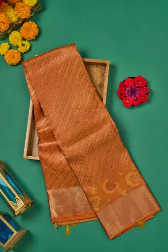 [THOA-MK-012] Burnt Orange Diagonal Line Pure Kanjivaram Silk Saree