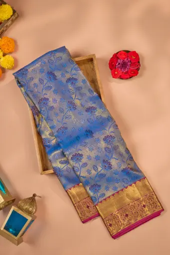 [THOA-MK-017] Periwinkle Blue Lotus Jaal Pure Kanjivaram Silk Saree