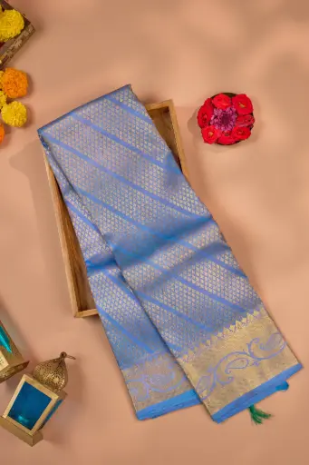 [THOA-MK-020] Lavender Blue Diagonal Stripe Pure Kanjivaram Silk Saree
