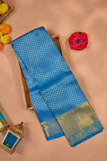 [THOA-MK-021] Cerulean Blue Lattice Butta Pure Kanjivaram Silk Saree