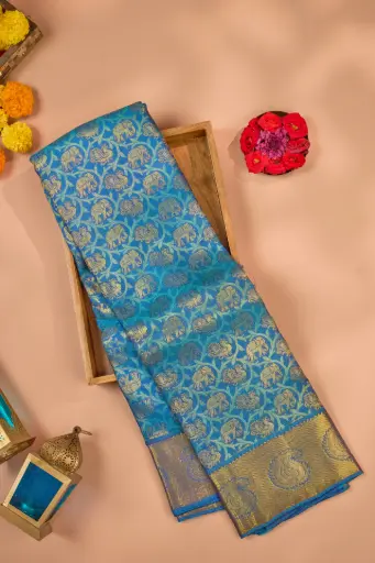 [THOA-MK-023] Turquoise Blue Brocade Jaal Pure Kanjivaram Silk Saree