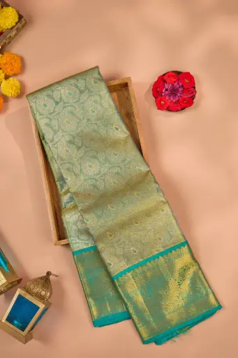 [THOA-MK-024] Sage Green Paisley Jaal Pure Kanjivaram Silk Saree