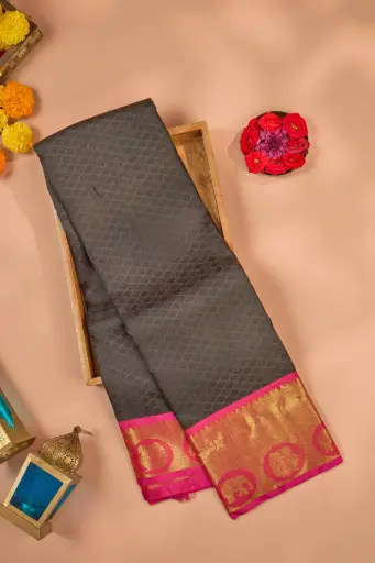 [THOA-MK-025] Charcoal Grey Pure Kanjivaram Silk Saree with Pink Border