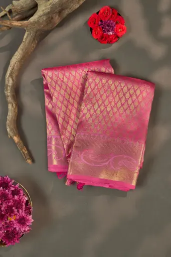[THOA-MK-030] Rose Pink Diamond Jaal Pure Kanjivaram Silk Saree