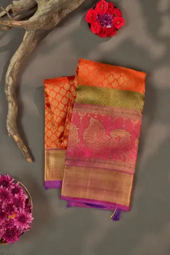 [THOA-MK-031] Orange Peacock Pallu Pure Kanjivaram Silk Saree with Magenta Pallu
