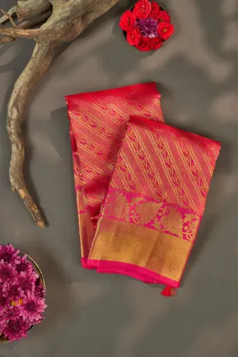 [THOA-MK-032] Rani Pink Diagonal Stripe Pure Kanjivaram Silk Saree