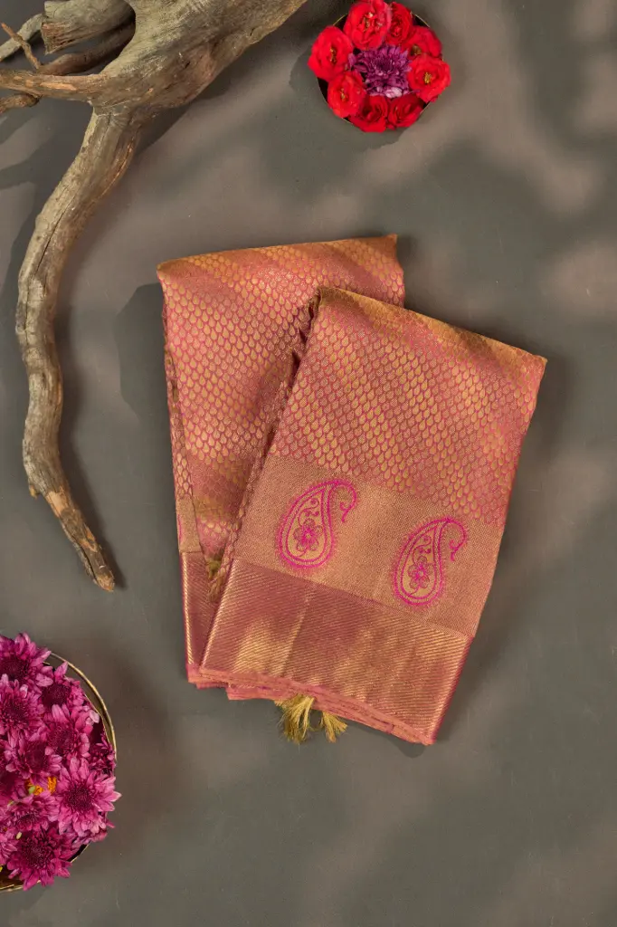 [THOA-MK-033] Peach Rose Gold Jaal Pure Kanjivaram Silk Saree with Paisley Border