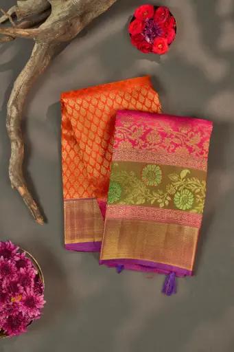 [THOA-MK-034] Orange Floral Band Pure Kanjivaram Silk Saree with Pink Pallu