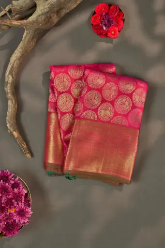 [THOA-MK-035] Rani Pink Chakra Medallion Pure Kanjivaram Silk Saree
