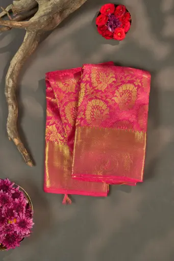 [THOA-MK-038] Hot Pink Lotus Leaf Brocade Pure Kanjivaram Silk Saree