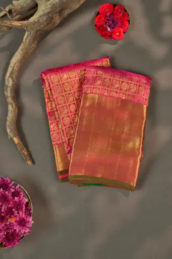 [THOA-MK-039] Magenta Pink Kattam Checks Pure Kanjivaram Silk Saree