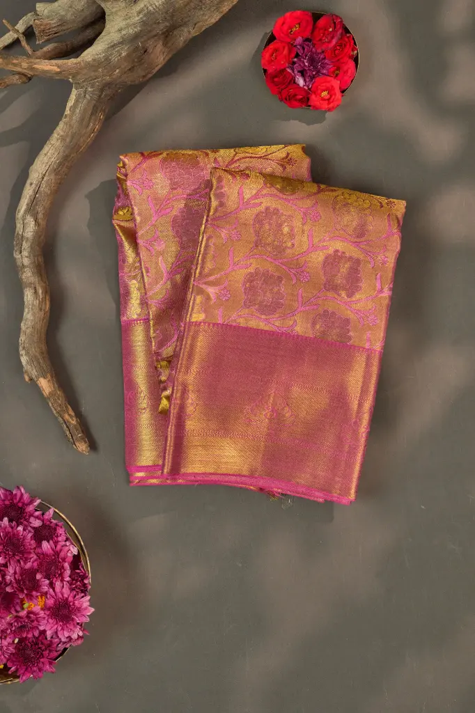 [THOA-MK-040] Dusty Rose Floral Brocade Pure Kanjivaram Silk Saree