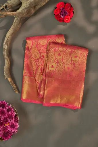 [THOA-MK-041] Coral Pink Paisley Butta Pure Kanjivaram Silk Saree