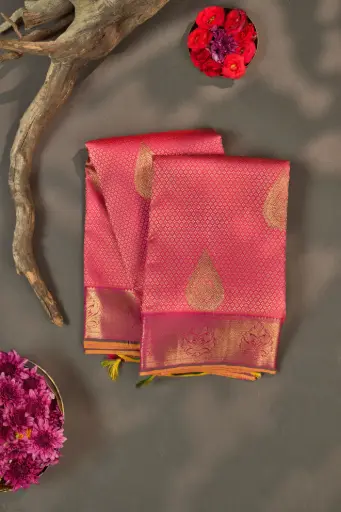 [THOA-MK-043] Watermelon Pink Teardrop Butta Pure Kanjivaram Silk Saree