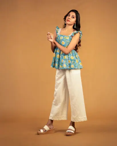 Azure Bloom Hand-Printed Cotton Top