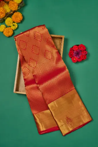 [THOA-MK-004] Orange Red Diamond Butta Pure Kanjivaram Silk Saree