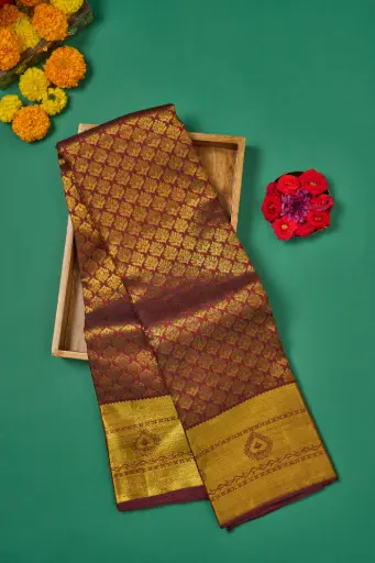 [THOA-MK-006] Maroon Antique Gold Butta Pure Kanjivaram Silk Saree